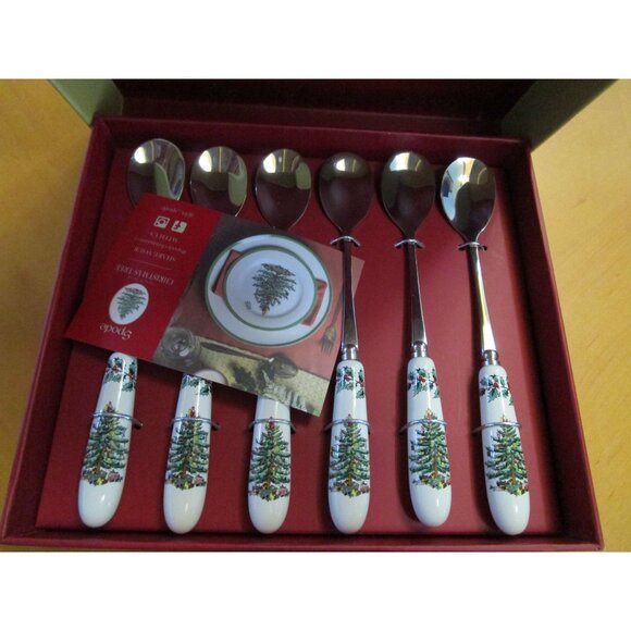 Spode Christmas Tree Teaspoons Ceramic Handle Six New In Box - Picture 2 of 12